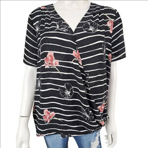 Apt. 9 Short Sleeve Striped/Floral Wrap Blouse Size XL